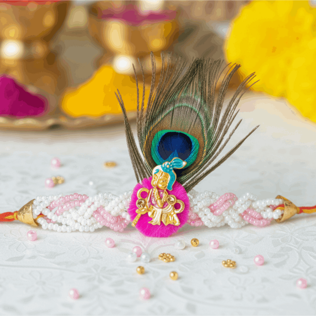 Peacock feather Krishna style Rakhi bracelet with pink and white beads - krishna rakhi