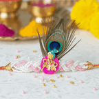 Peacock feather Krishna style Rakhi bracelet with pink and white beads - krishna rakhi