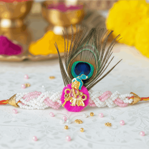 Peacock feather Krishna style Rakhi bracelet with pink and white beads - krishna rakhi