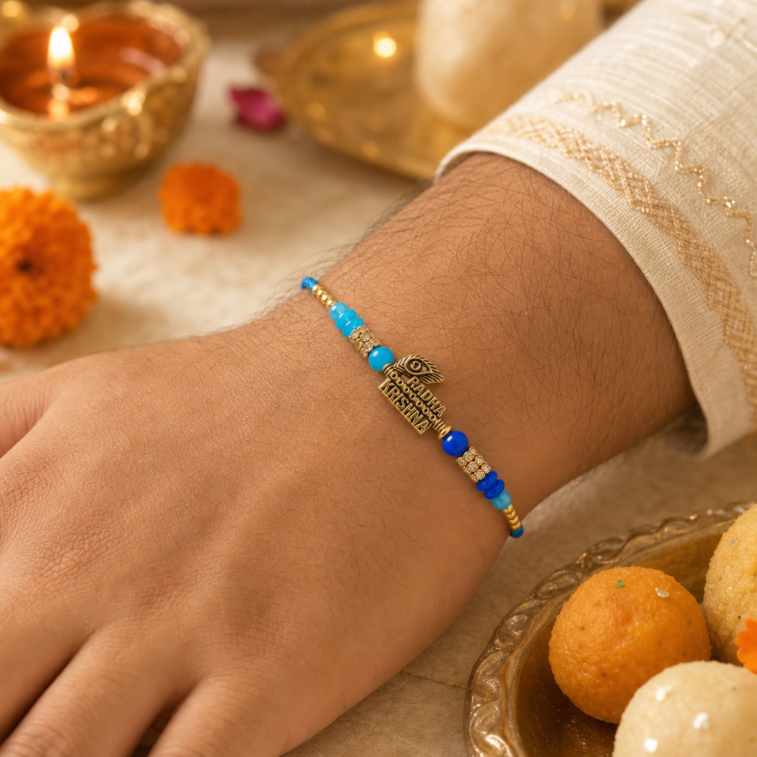 Radha Krishna Peacock Feather Designer Rakhi Thread for Brother