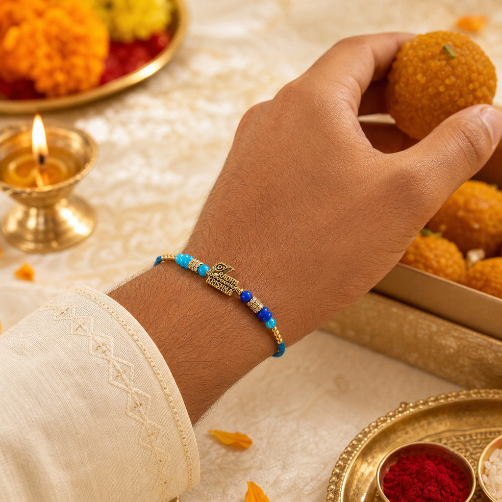 Radha Krishna Peacock Feather Designer Rakhi Thread for Brother