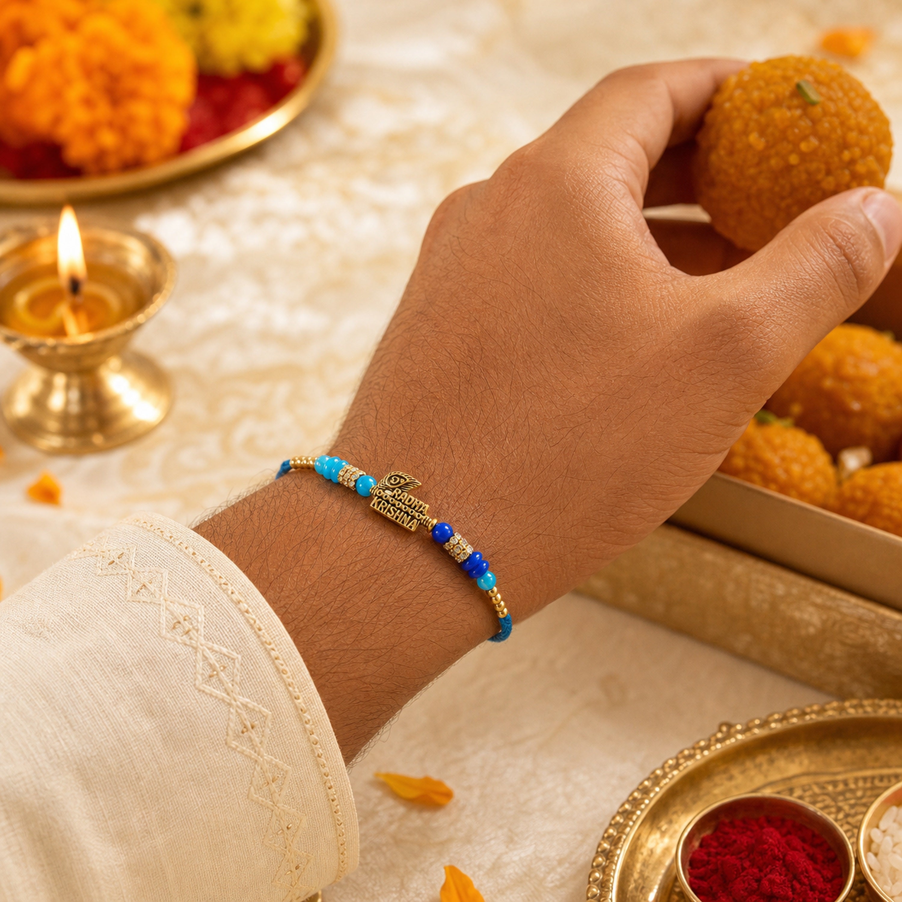 Radha Krishna Peacock Feather Designer Rakhi Thread for Brother