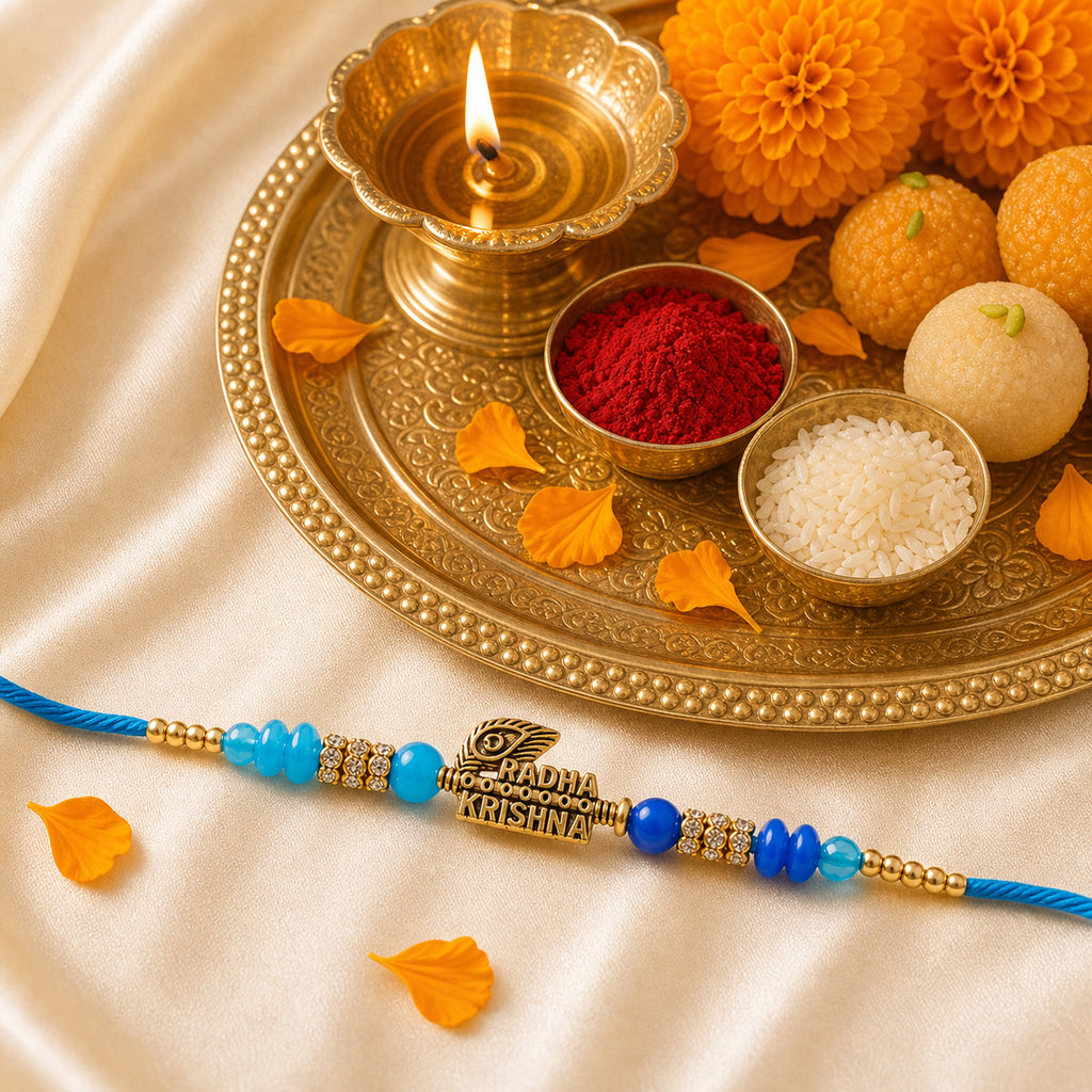 Radha Krishna Peacock Feather Designer Rakhi Thread for Brother