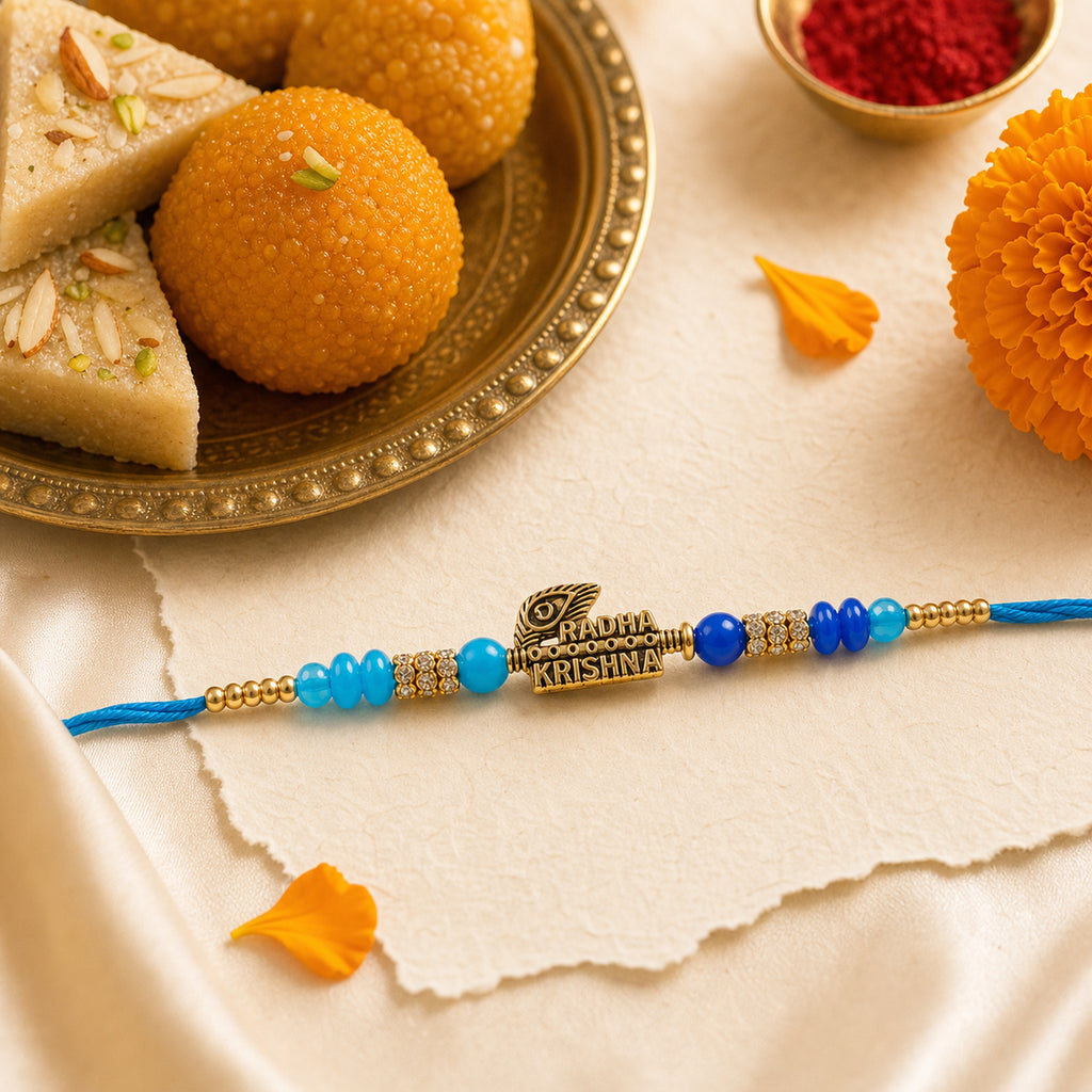 Radha Krishna Peacock Feather Designer Rakhi Thread for Brother