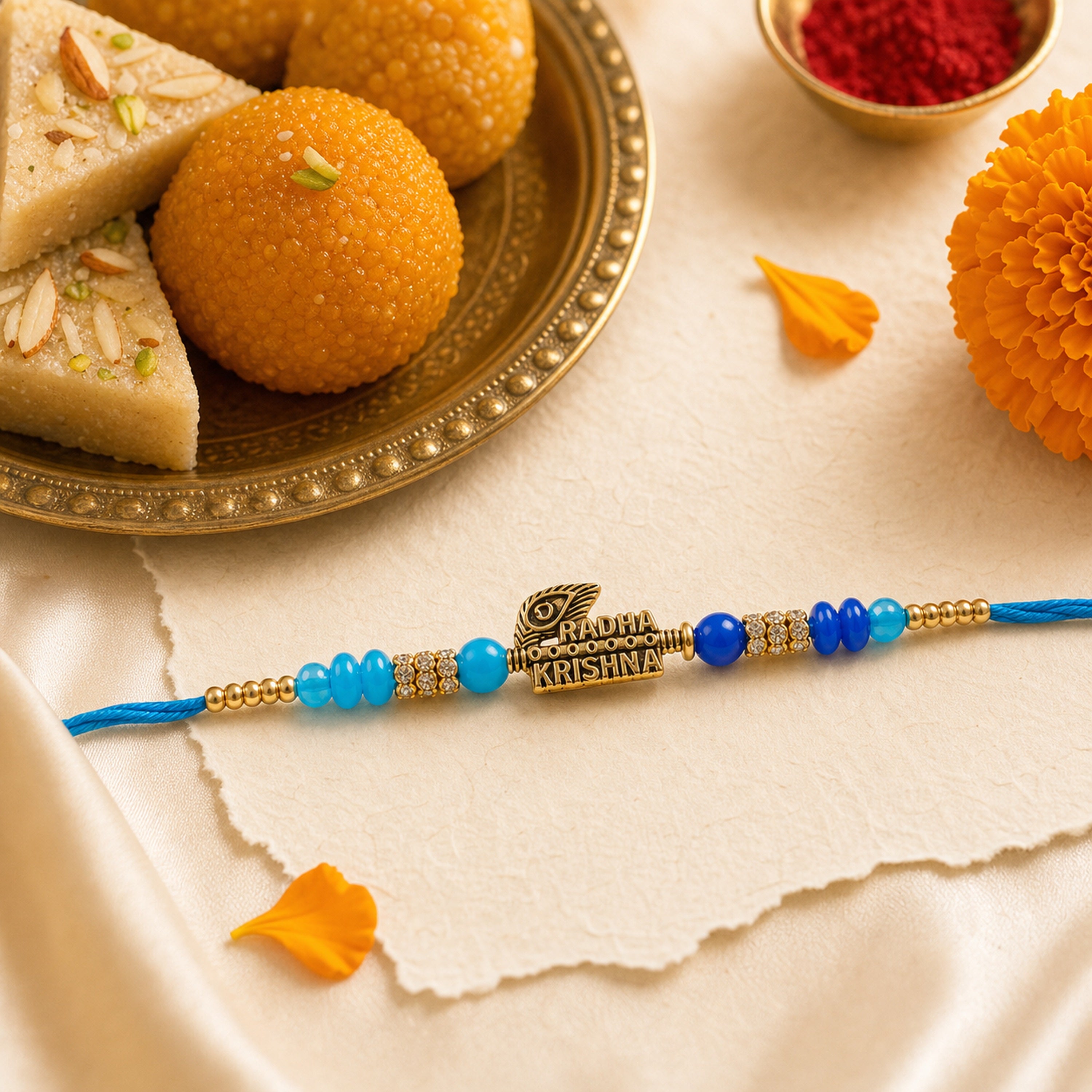 Radha Krishna Peacock Feather Designer Rakhi Thread for Brother