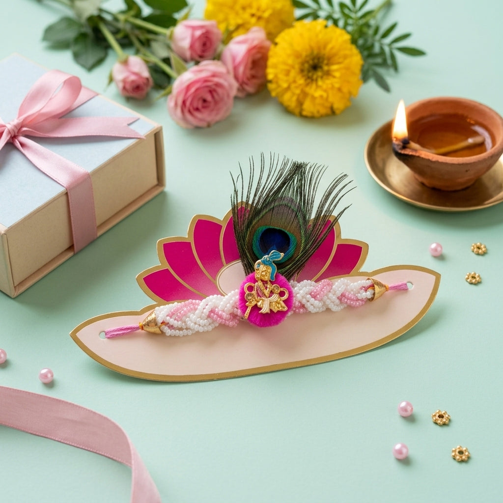 Peacock Krishna Rakhi for Brother – Handcrafted Enamel Deity Bracelet for Raksha Bandhan | Labh Ethnica